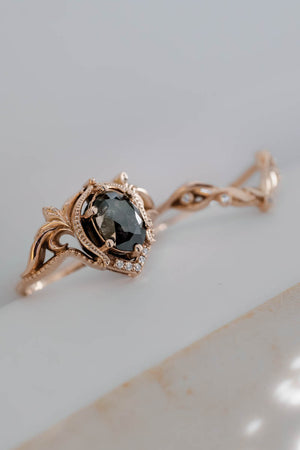 Art nouveau bridal ring set with salt & pepper diamond / Lida oval - Eden Garden Jewelry™