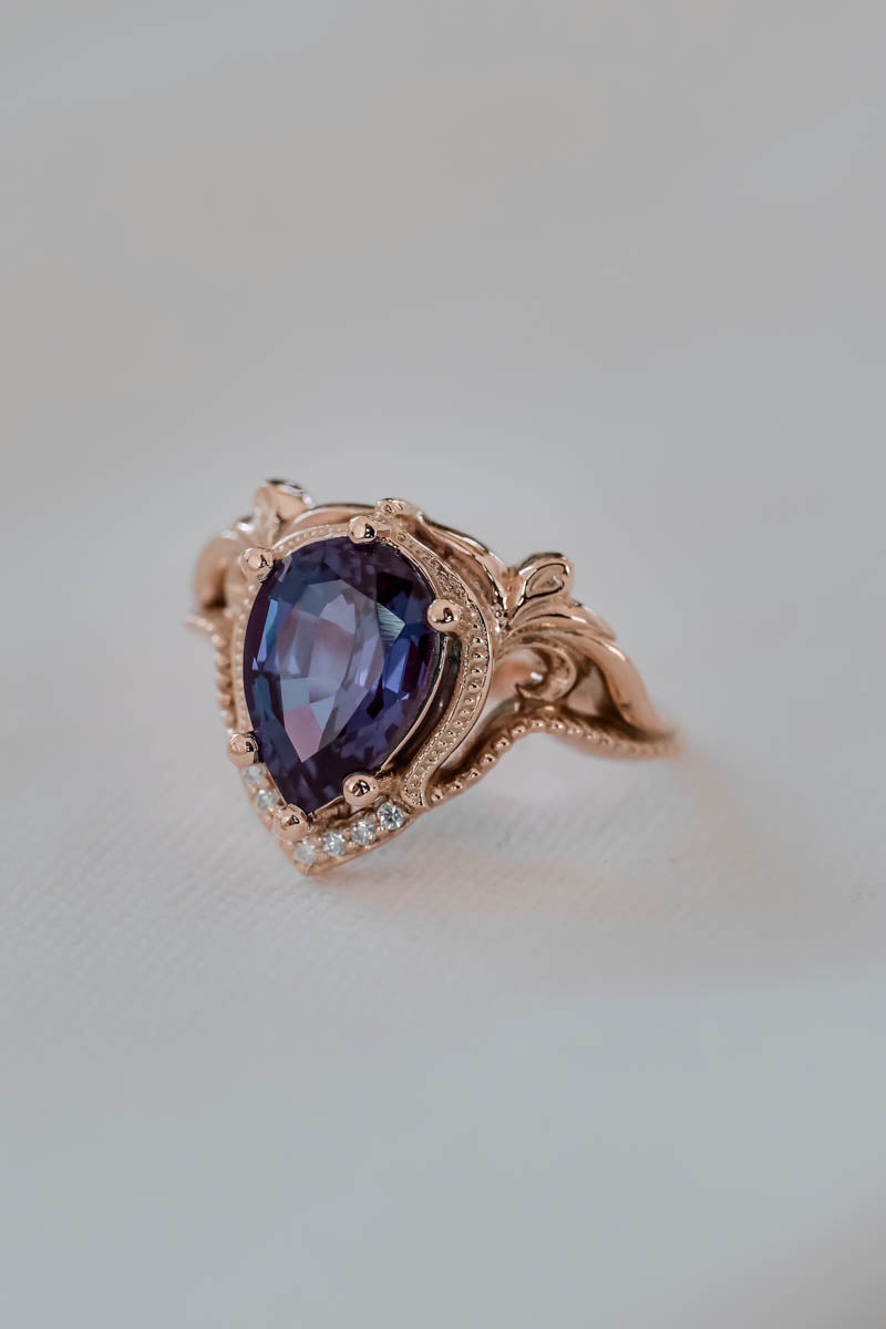Engagement ring with big pear cut lab alexandrite / Lida - Eden Garden Jewelry™