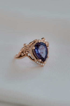Bridal ring set with big pear cut lab alexandrite / Lida - Eden Garden Jewelry™