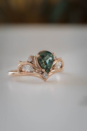 Pear cut green sapphire engagement ring with diamonds or moissanites / Swanlake - Eden Garden Jewelry™