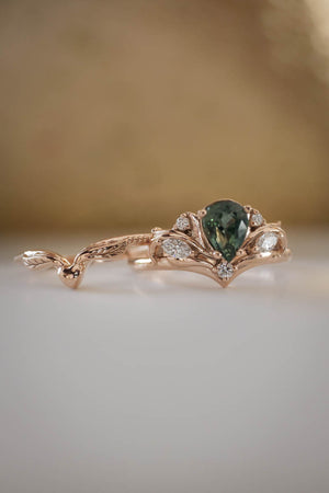 Bridal ring set with pear cut green sapphire / Swanlake - Eden Garden Jewelry™
