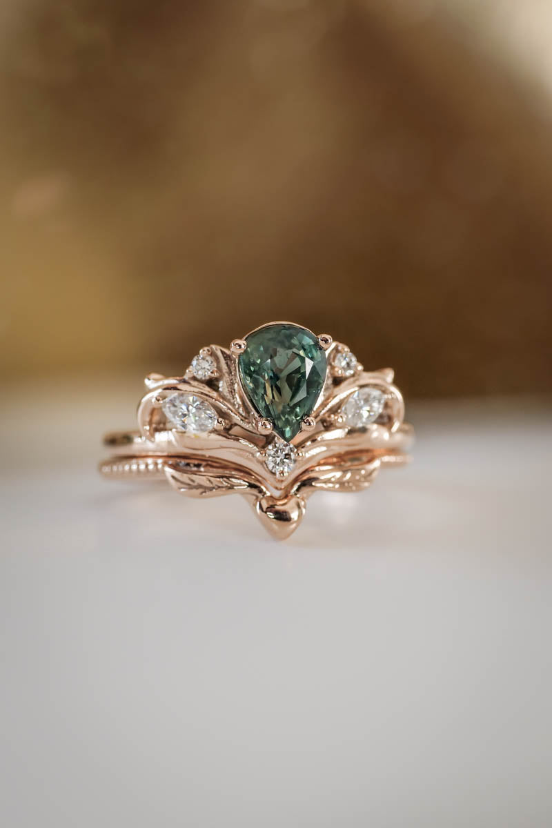 Pear cut green sapphire engagement ring with diamonds or moissanites ...
