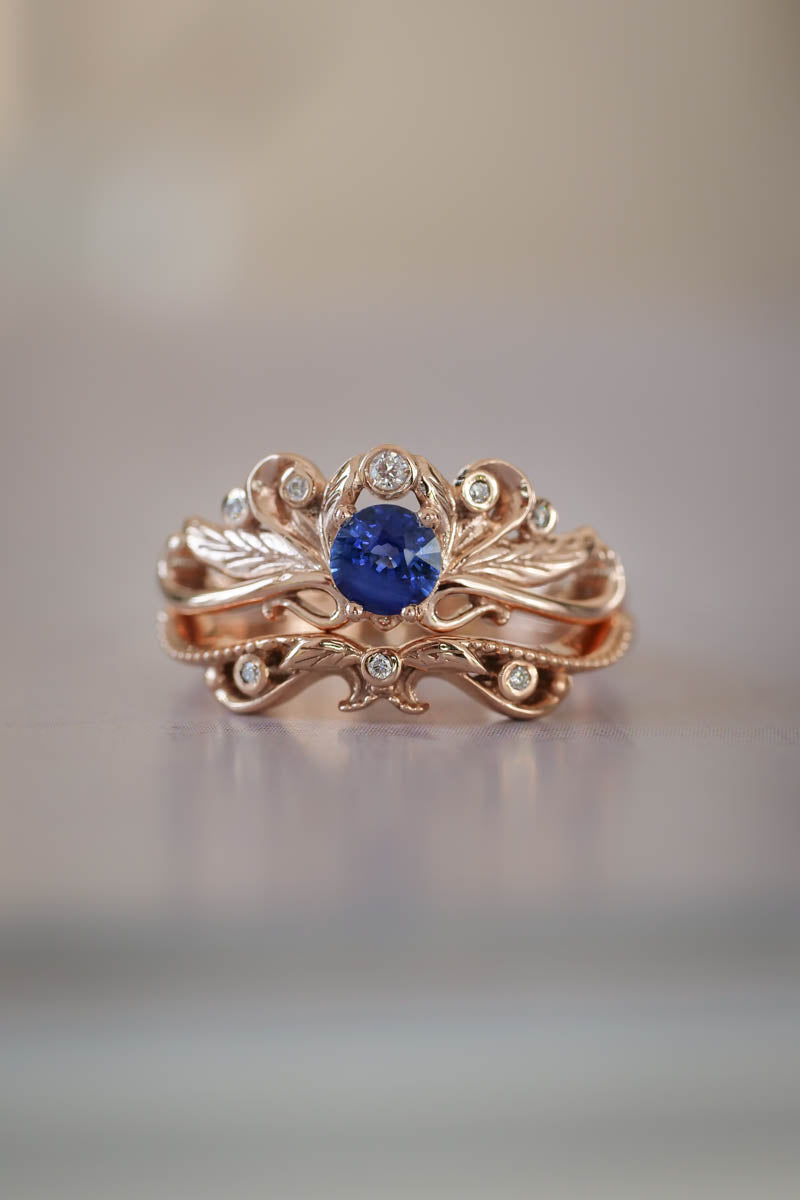 Vintage style bridal ring set with blue sapphire / Damariss - Eden Garden Jewelry™