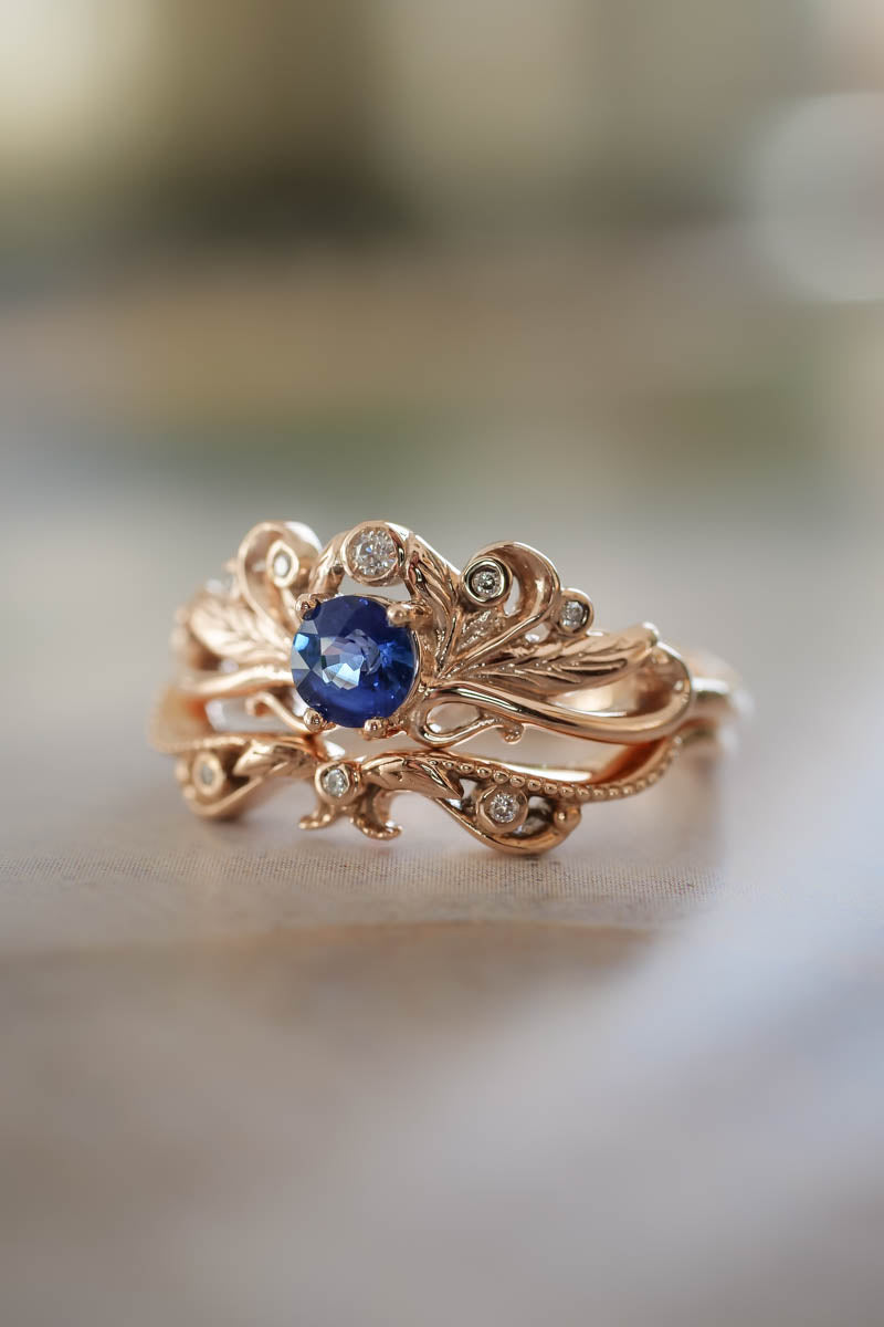 Vintage style bridal ring set with blue sapphire / Damariss - Eden Garden Jewelry™