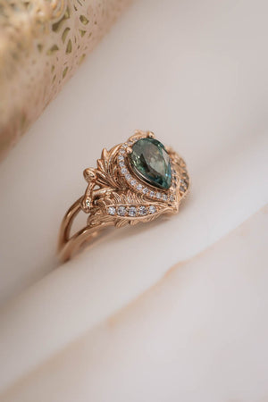 Teal sapphire engagement ring with diamond halo / Adonis halo - Eden Garden Jewelry™