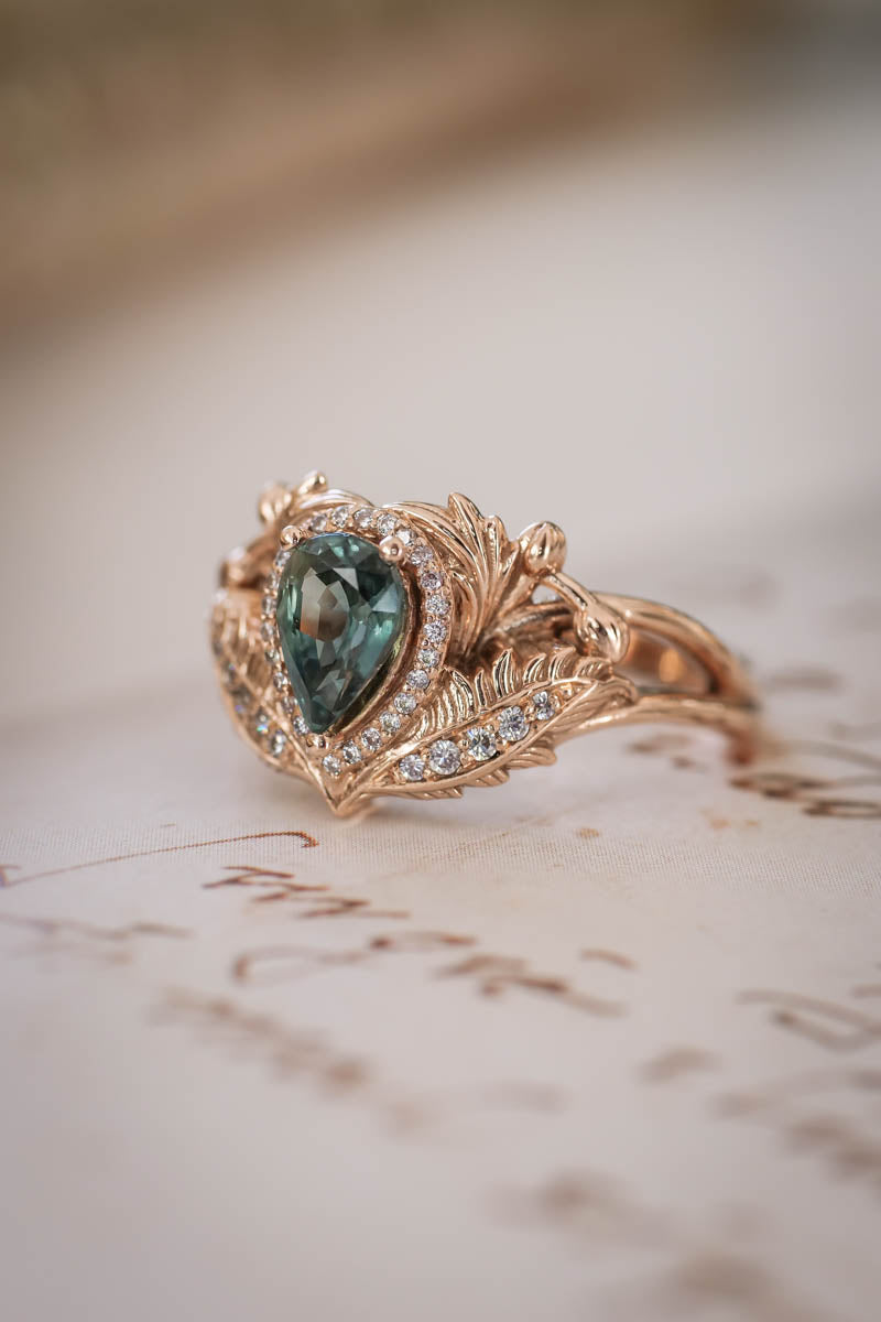 Teal sapphire engagement ring with diamond halo / Adonis halo - Eden Garden Jewelry™