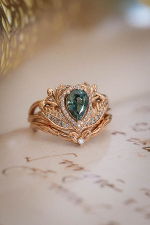 Teal sapphire bridal ring set with diamond halo / Adonis halo - Eden Garden Jewelry™