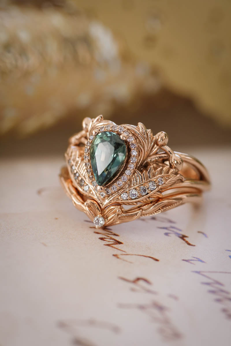 Teal sapphire bridal ring set with diamond halo / Adonis halo - Eden Garden Jewelry™