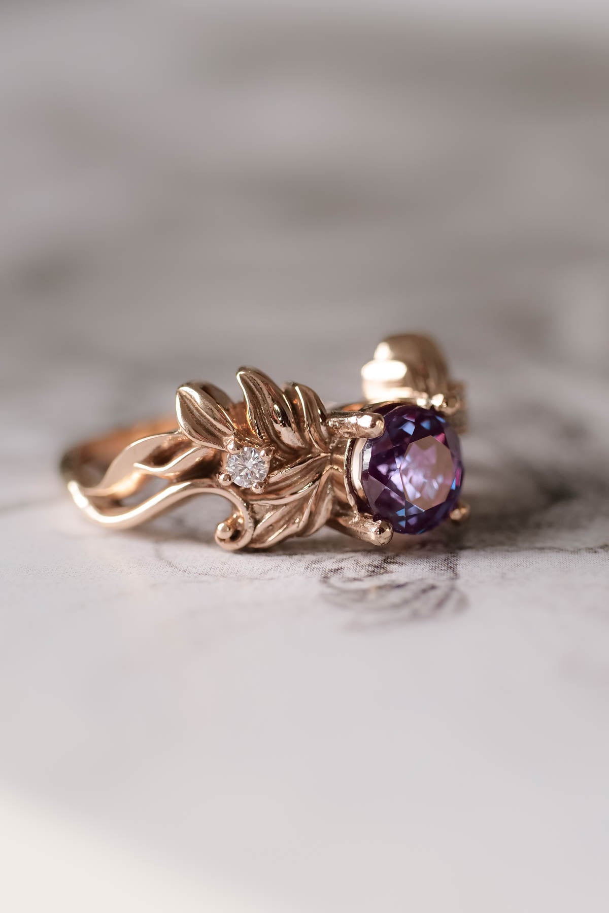 Nature themed engagement ring with alexandrite, colour changing gemstone - Eden Garden Jewelry™