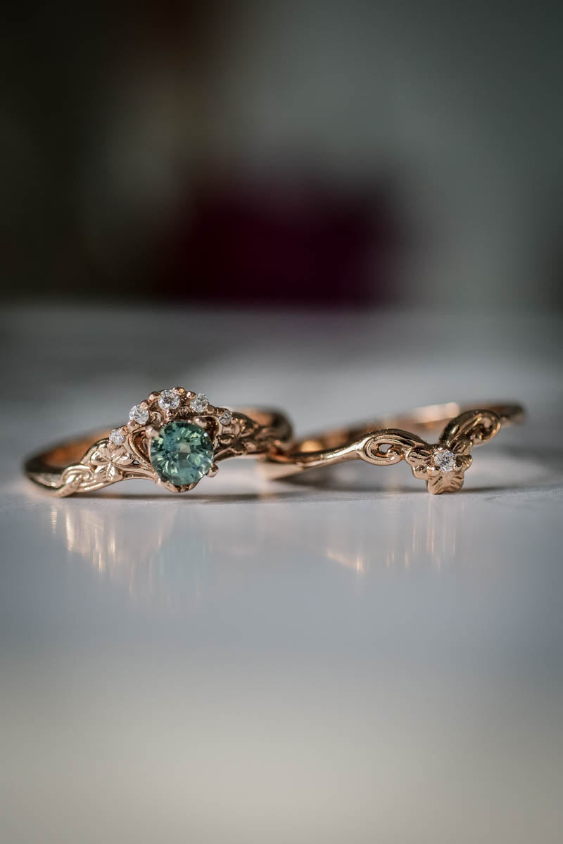 READY TO SHIP: Horta in 14K rose gold, natural light teal sapphire 4 mm, moissanites, RING SIZE 6.75 US - Eden Garden Jewelry™