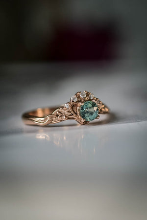 Bridal ring set with light teal sapphire / Horta small - Eden Garden Jewelry™