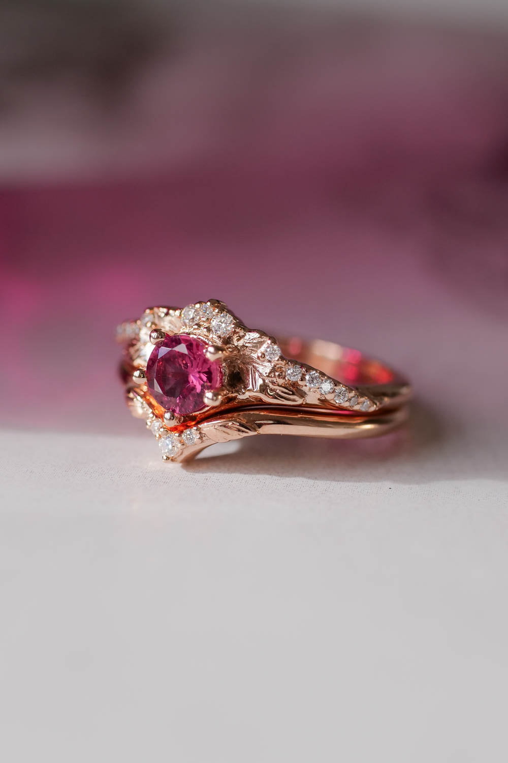 Pink tourmaline & diamonds bridal ring set / Amelia - Eden Garden Jewelry™