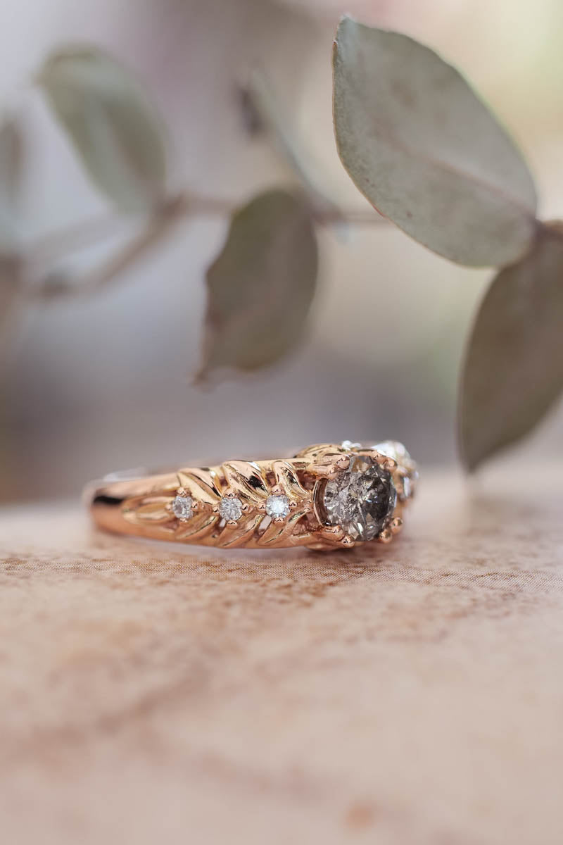 Nature inspired engagement ring with salt & pepper diamond / Silvestra - Eden Garden Jewelry™
