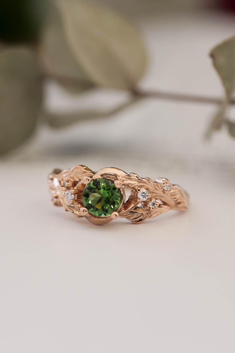 READY TO SHIP: Japanese Maple in 14K rose gold, natural round green tourmaline, 5 mm, moisssanites, RING SIZE 6.25 US - Eden Garden Jewelry™