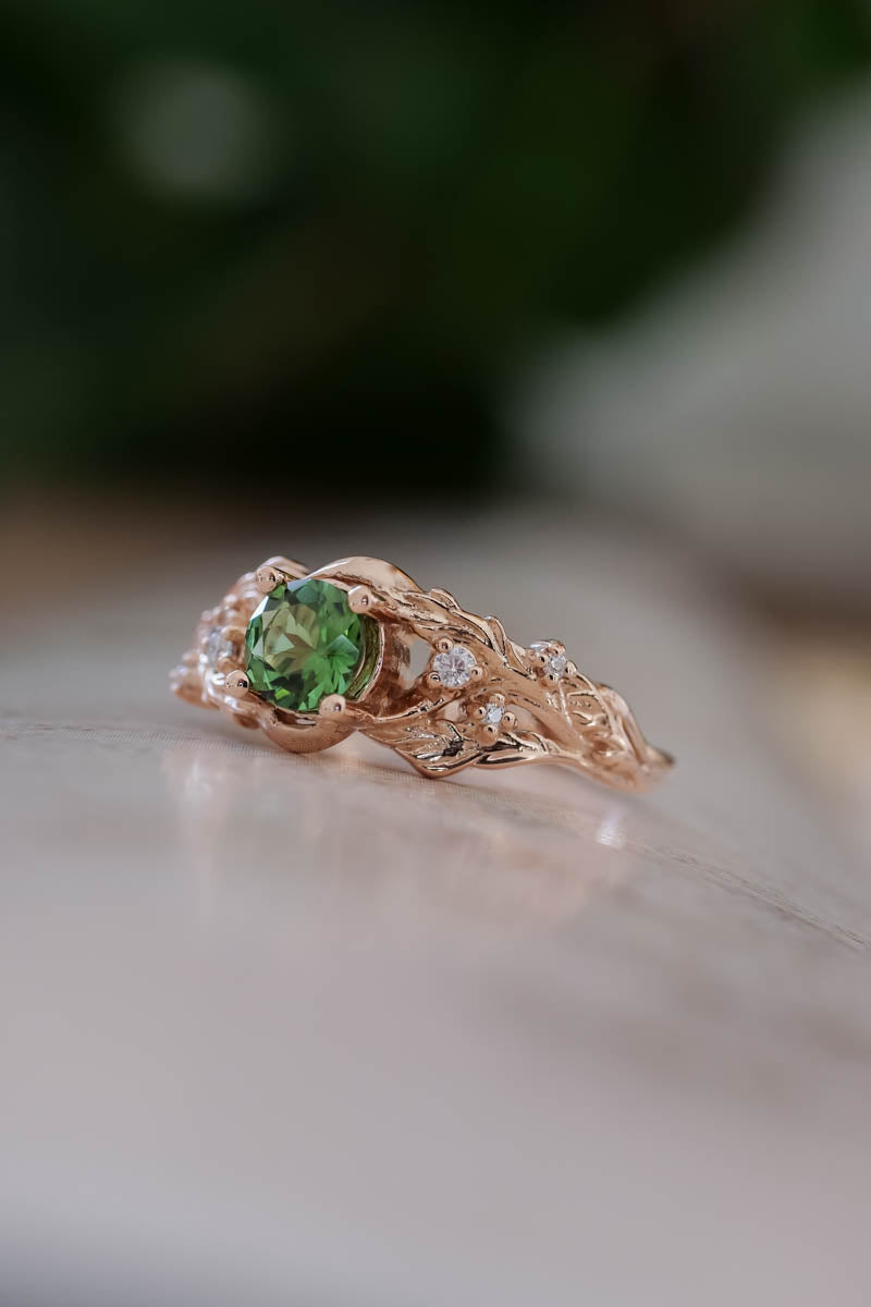 READY TO SHIP: Japanese Maple in 14K rose gold, natural round green tourmaline, 5 mm, moisssanites, RING SIZE 6.25 US - Eden Garden Jewelry™
