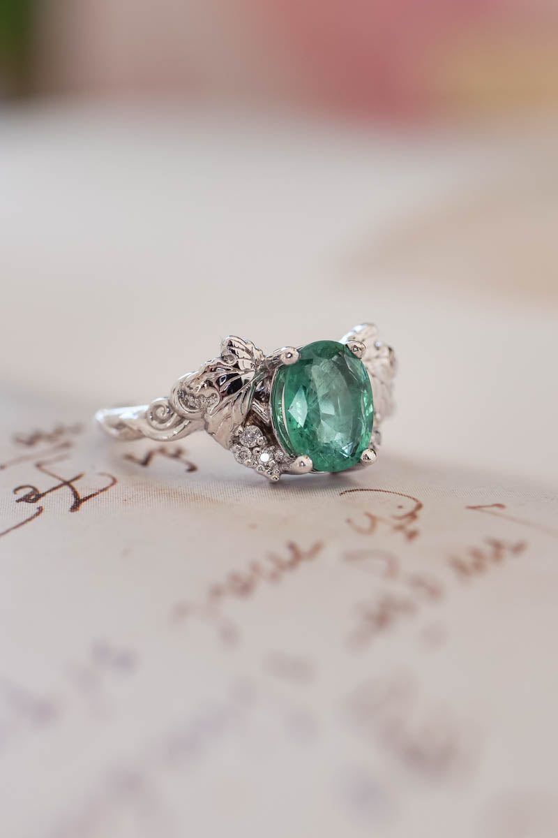 Oval cut emerald and diamonds engagement ring / Vineyard - Eden Garden Jewelry™