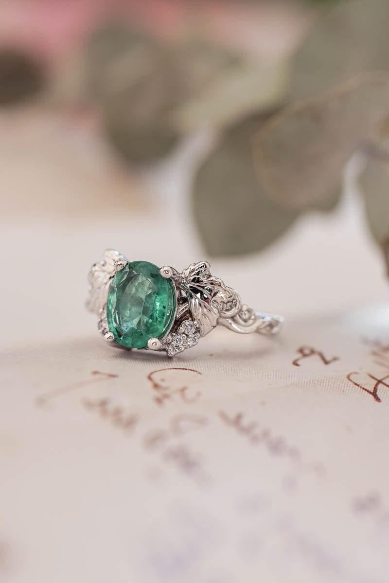 Oval cut emerald and diamonds engagement ring / Vineyard - Eden Garden Jewelry™