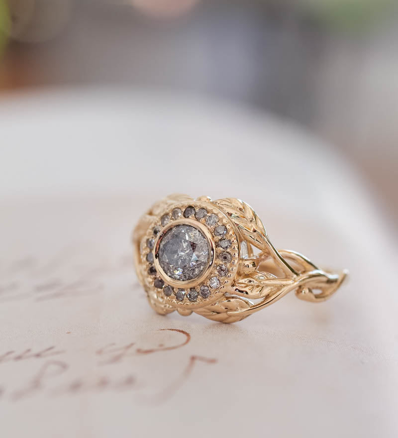 READY TO SHIP: Tilia halo in 14k yellow gold, salt and pepper diamonds 5mm, RING SIZE 7.25 US - Eden Garden Jewelry™