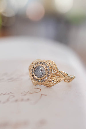READY TO SHIP: Tilia halo in 14k yellow gold, salt and pepper diamonds 5mm, RING SIZE 7.25 US - Eden Garden Jewelry™