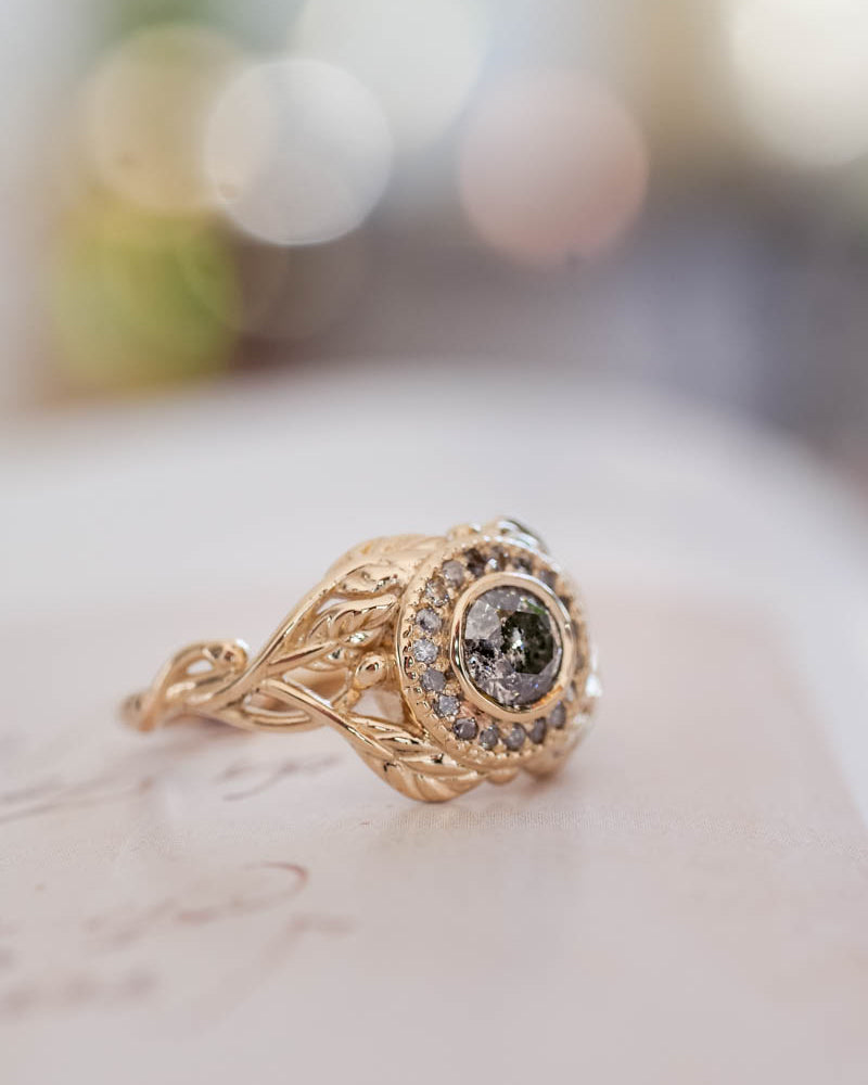 READY TO SHIP: Tilia halo in 14k yellow gold, salt and pepper diamonds 5mm, RING SIZE 7.25 US - Eden Garden Jewelry™