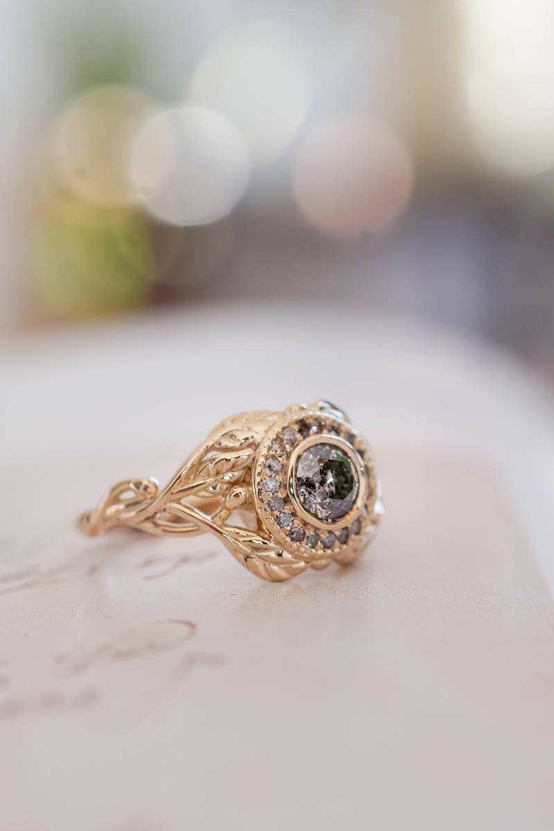 READY TO SHIP: Tilia halo in 14k yellow gold, salt and pepper diamonds 5mm, RING SIZE 7.25 US - Eden Garden Jewelry™