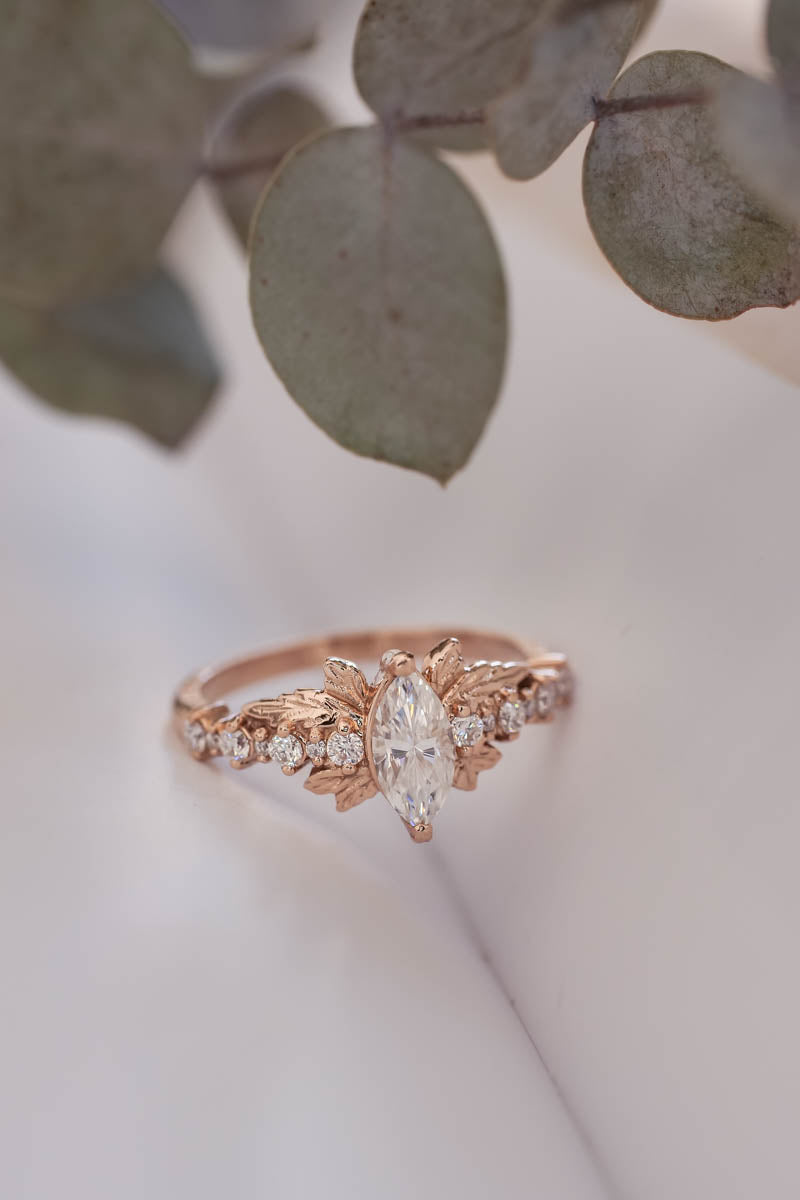 Marquise moissanite engagement ring, gold leaf ring / Verbena - Eden Garden Jewelry™