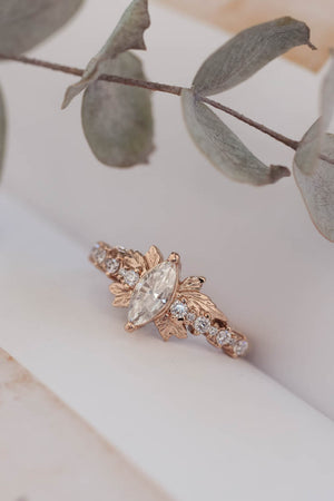 Marquise moissanite engagement ring, gold leaf ring / Verbena - Eden Garden Jewelry™
