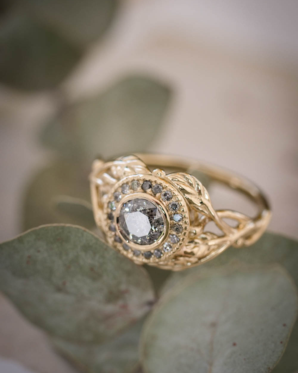 READY TO SHIP: Tilia halo in 14k yellow gold, salt and pepper diamonds 5mm, RING SIZE 7.25 US - Eden Garden Jewelry™