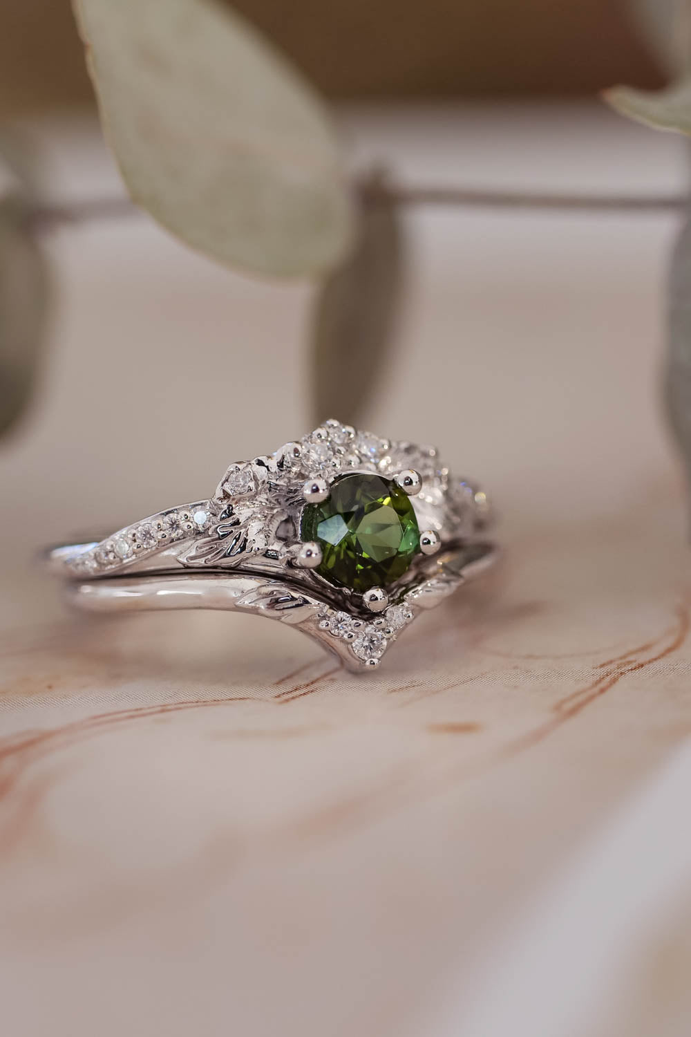 Engagement & wedding ring set with green tourmaline / Amelia - Eden Garden Jewelry™