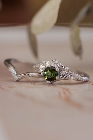 Engagement & wedding ring set with green tourmaline / Amelia - Eden Garden Jewelry™
