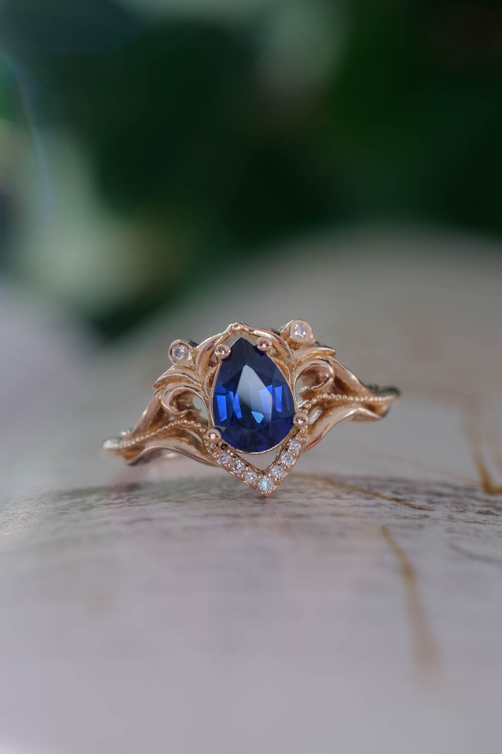 Art nouveau bridal ring set with lab sapphire / Lida - Eden Garden Jewelry™