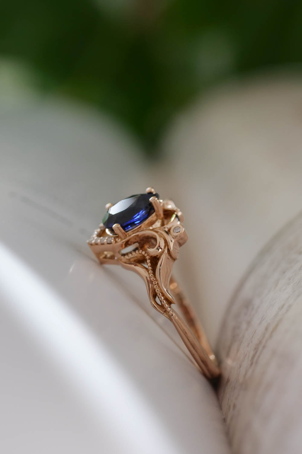 Art nouveau bridal ring set with lab sapphire / Lida - Eden Garden Jewelry™