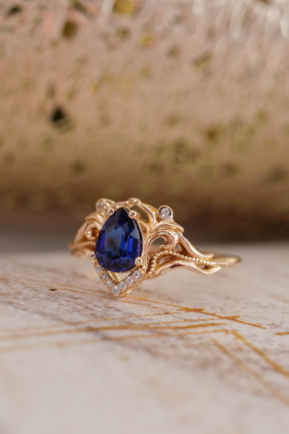 Lab sapphire and diamonds engagement ring 