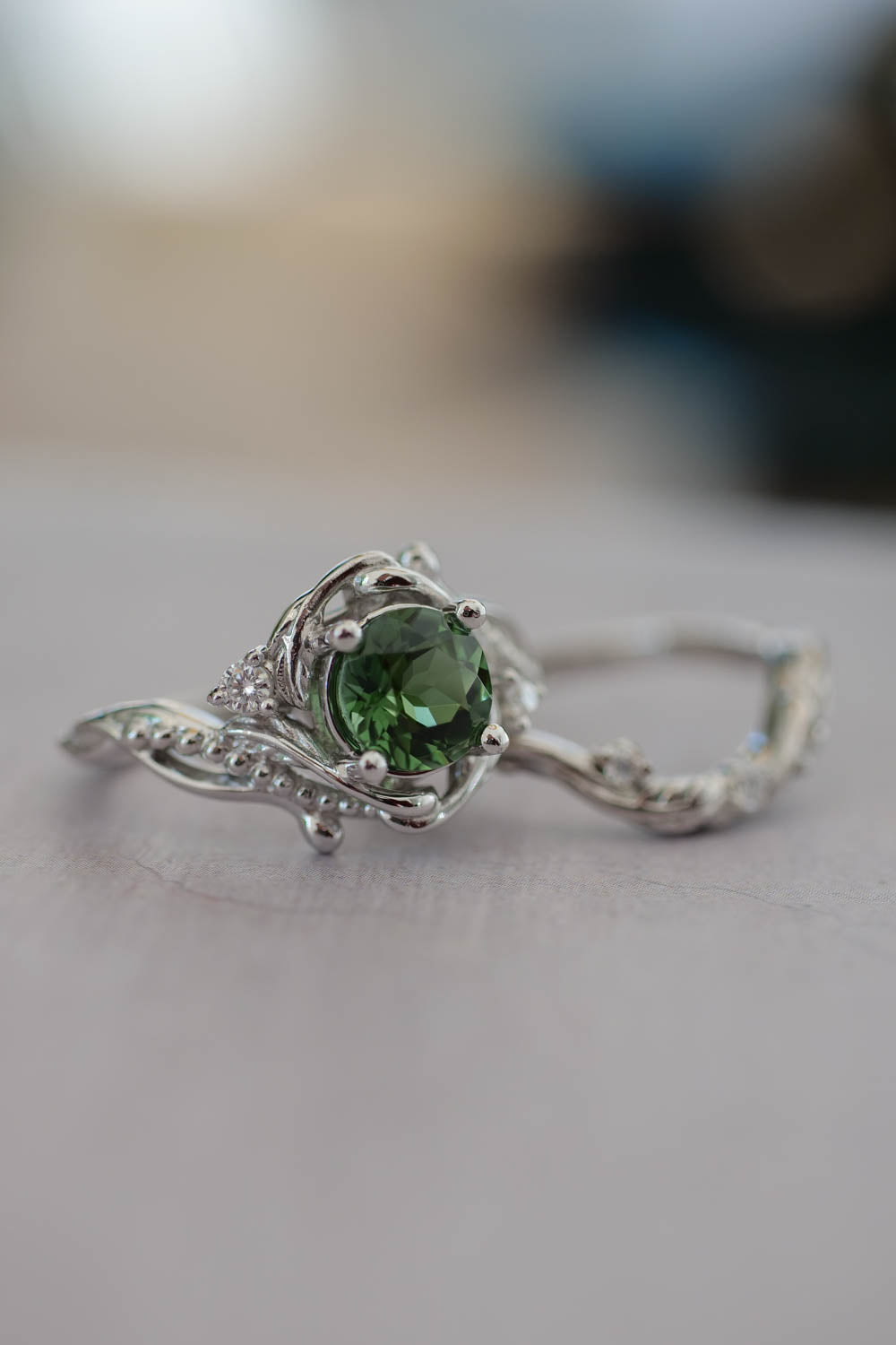 vintage green tourmaline engagement ring and wedding band