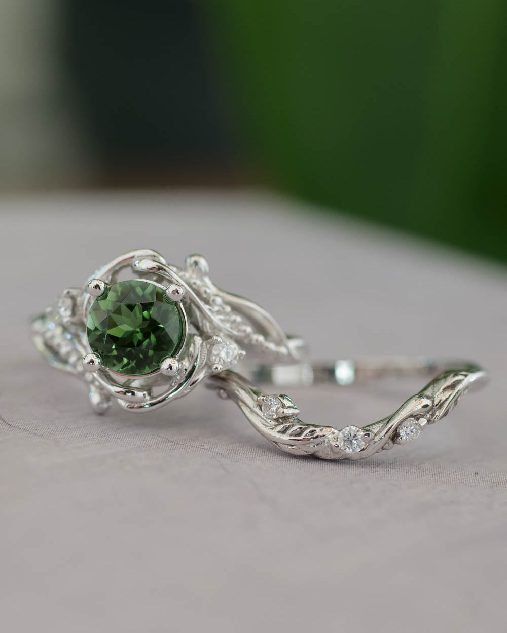 1 carat green tourmaline bridal ring set / Undina - Eden Garden Jewelry™