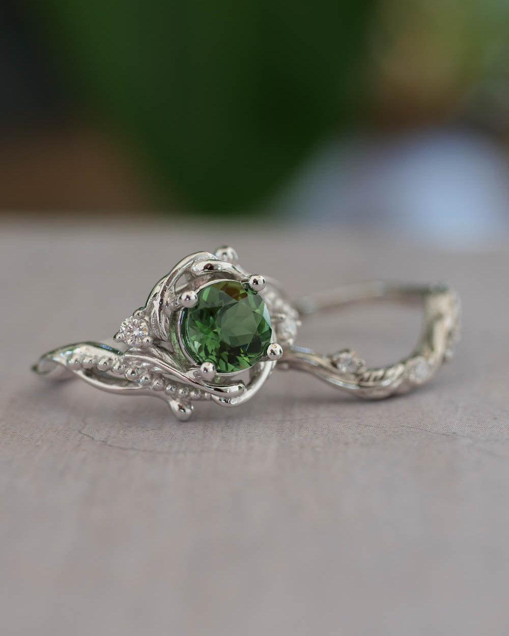 1 carat green tourmaline bridal ring set / Undina - Eden Garden Jewelry™