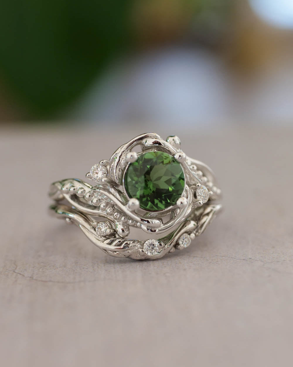 1 carat green tourmaline bridal ring set / Undina - Eden Garden Jewelry™