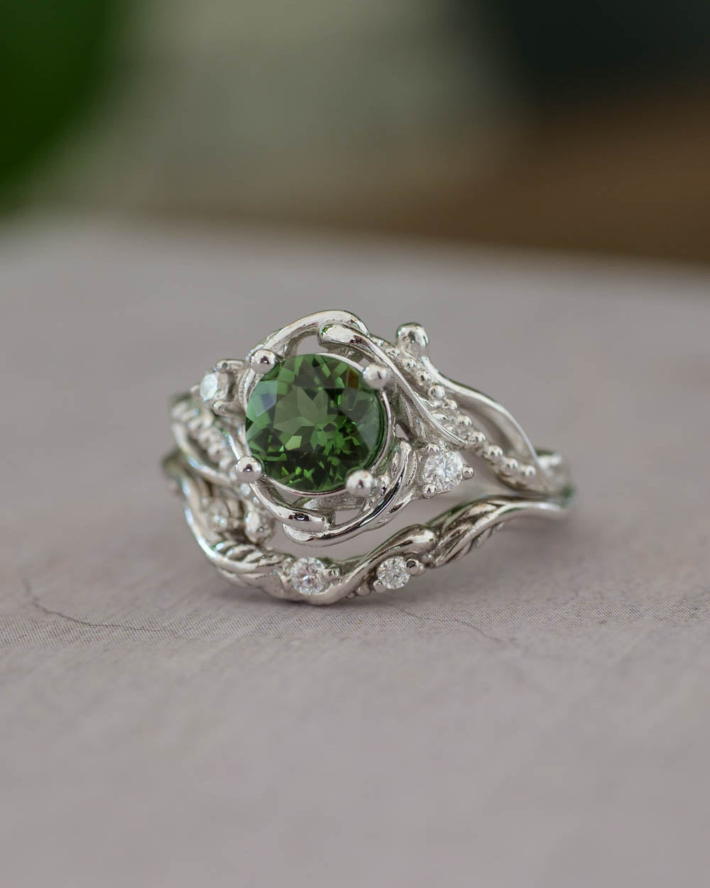 1 carat green tourmaline bridal ring set / Undina - Eden Garden Jewelry™