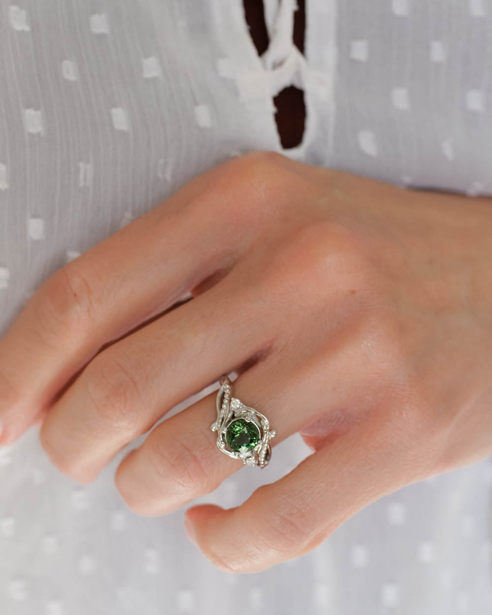 1 carat green tourmaline bridal ring set / Undina - Eden Garden Jewelry™