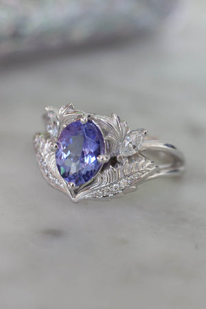 leaf engagement ring with oval tanzanite, white gold ring