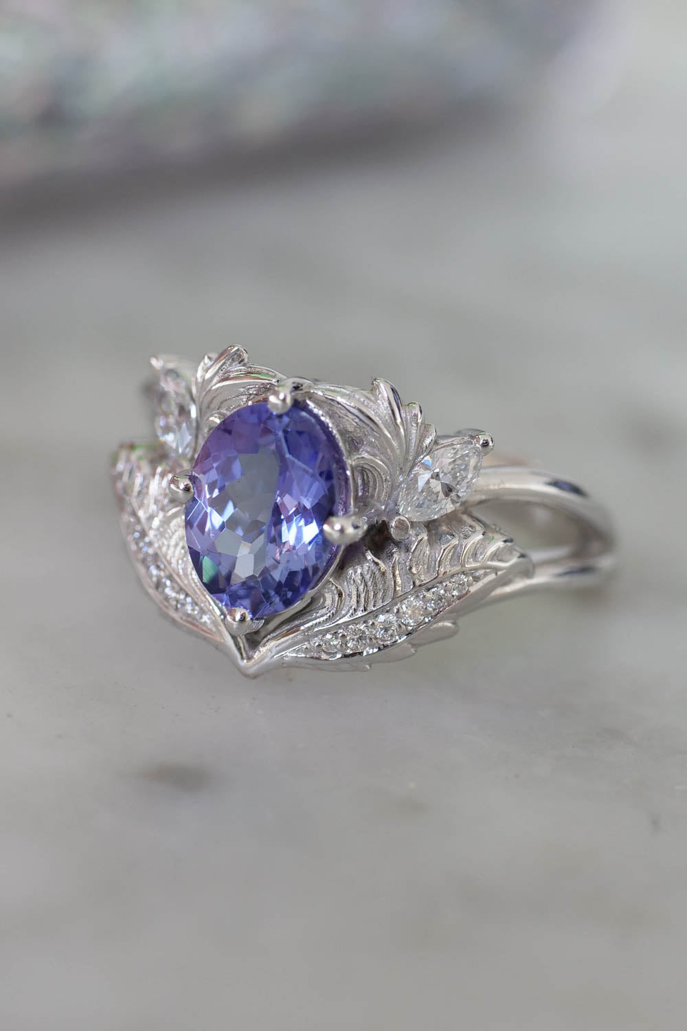 READY TO SHIP: Adonis in 14K white gold, natural tanzanite 8x6 mm, diamonds, RING SIZE 7 US - Eden Garden Jewelry™
