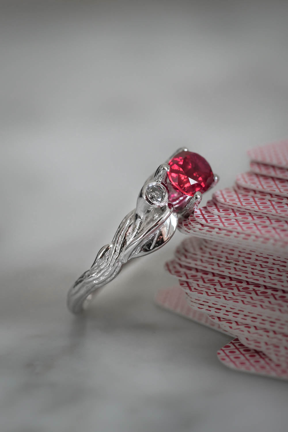 Lab ruby statement ring, salt and pepper diamonds ring / Arius - Eden Garden Jewelry™