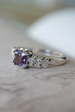 Unique engagement ring in white gold  with lab alexandrite 