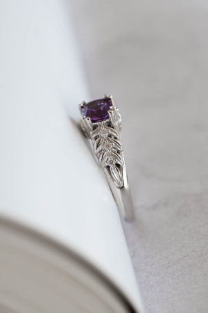 Lab alexandrite  engagement ring made in white gold, nature inspired  engagement ring 