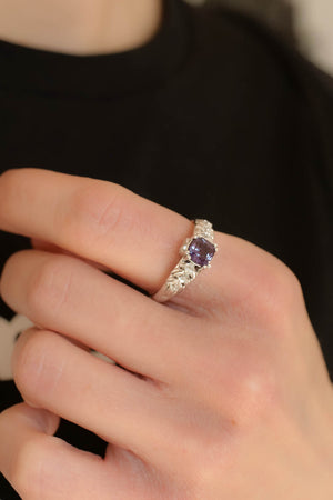 Lab alexandrite made in white gold , with tiny leaves as details / Silvestra  ring style by Eden Garden Jewelry™