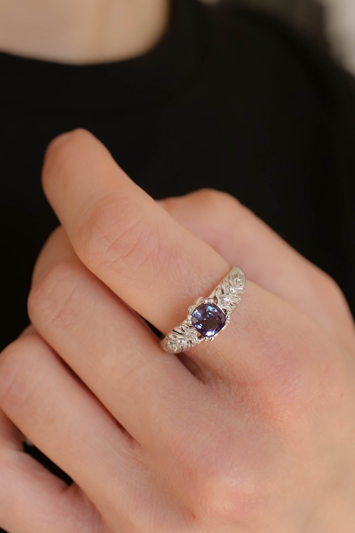 custom engagement ring with alexandrites and diamonds