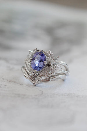 Oval tanzanite white gold ring set, lavender gemstone ring