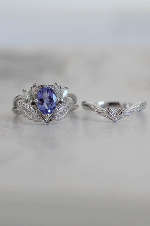 tanzanite white gold rings set , oval enagegement ring with blue gemstone