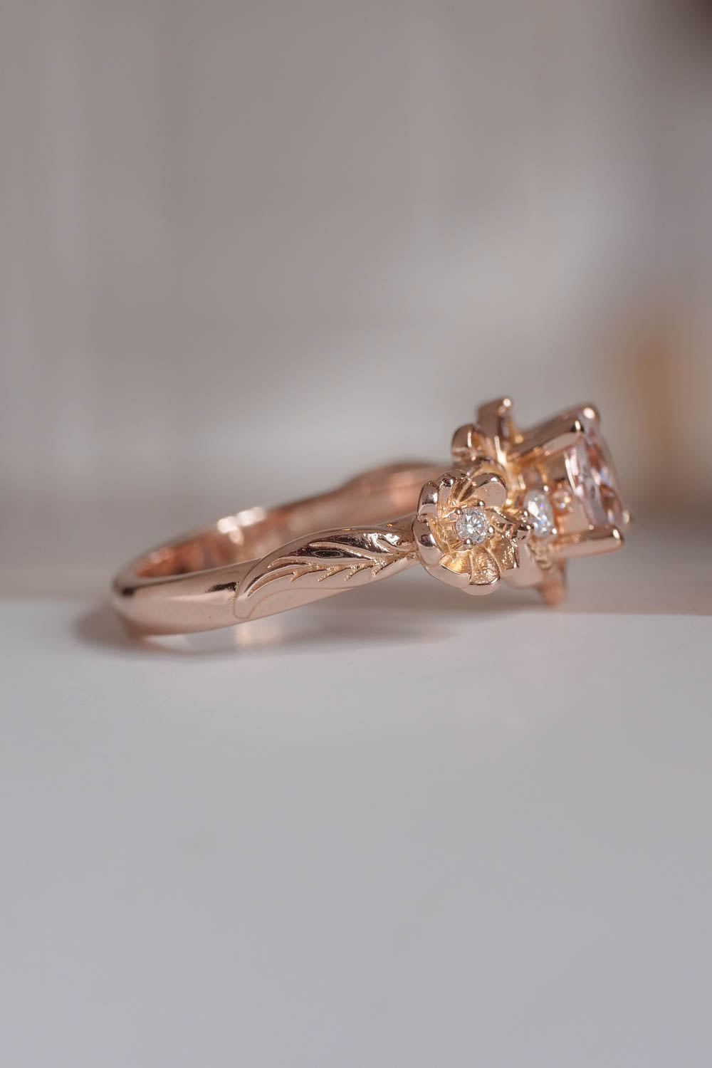 pink morganite engagement ring, flower engagement ring for women in rose gold 14k