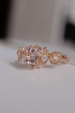 pink morganite ring with flowers in rose gold 